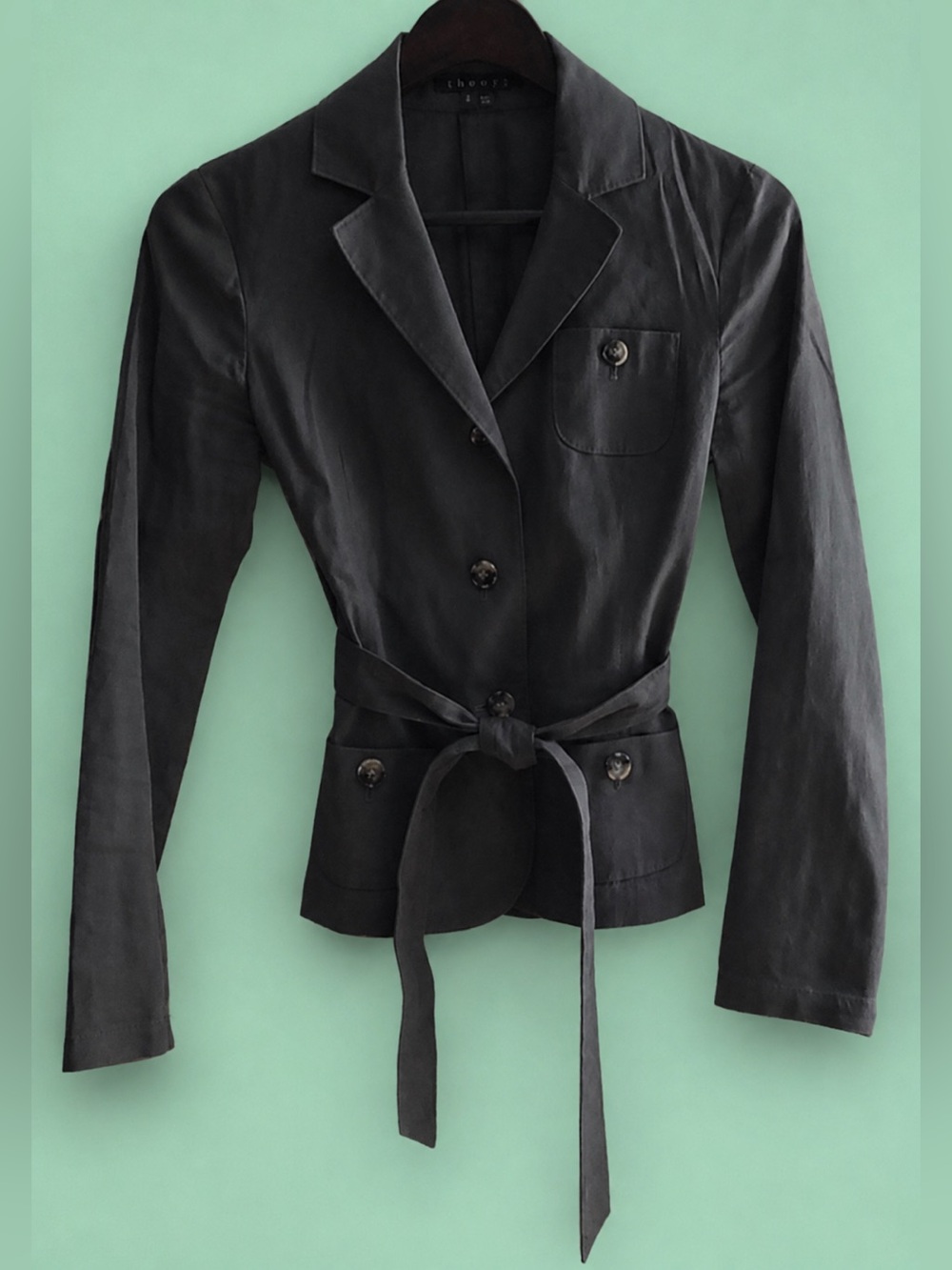 LADIES THEORY VINTAGE GRAY BELTED LINEN - COTTON BLEND BLAZER - SIZE 2